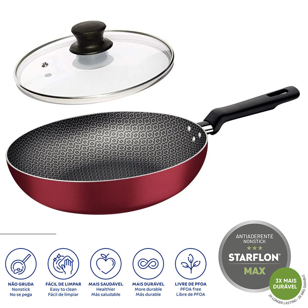 Frigideira Funda Tramontina Loreto em alumínio 24cm 2,2 Litros Vermelha com Interno Preto e Tampa Opcional