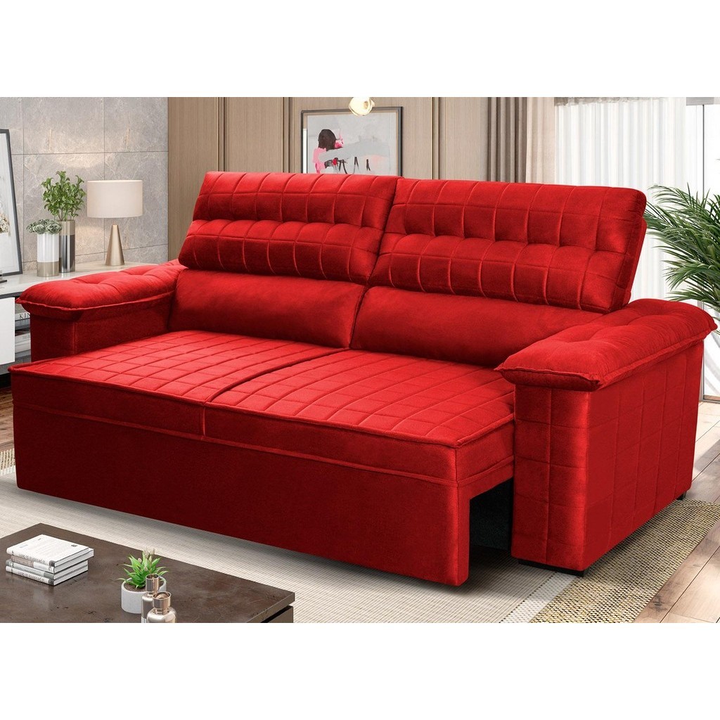 Sofá Retrátil Reclinável 3 lugares 2,00m Quantum Suede Velut Vermelho - King House - Home & Living