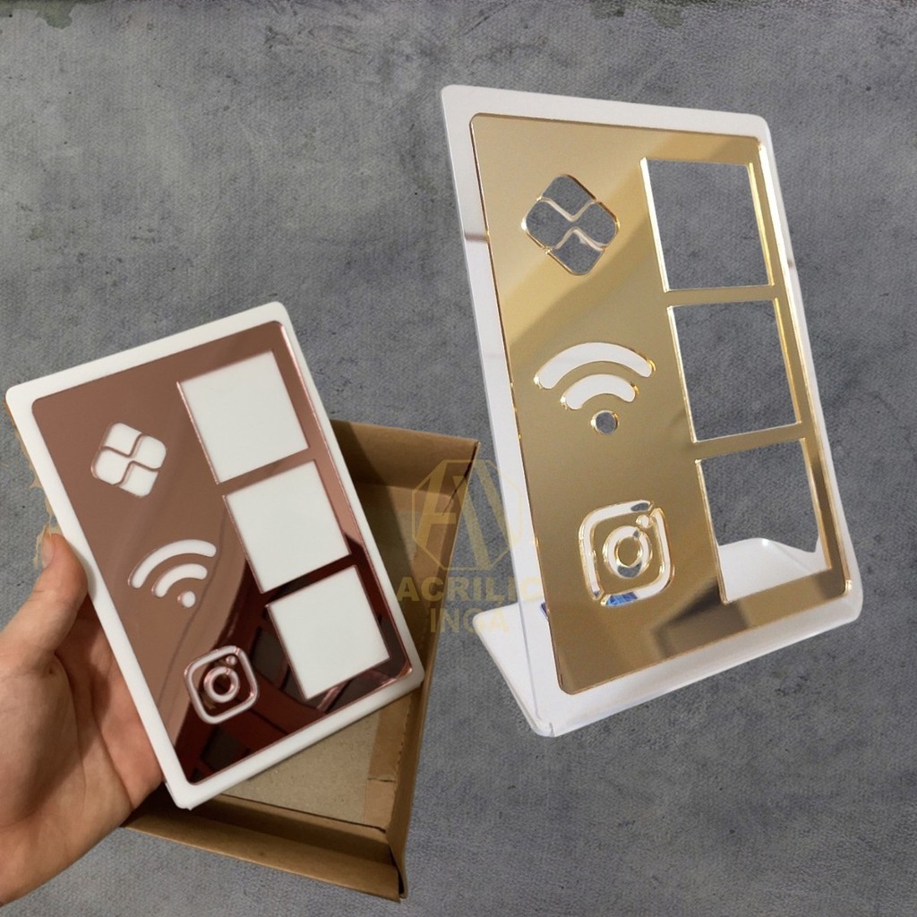 Placa Display QR Code Mesa Acrílico – PIX Wi-Fi Instagram – Moldura Espelhada