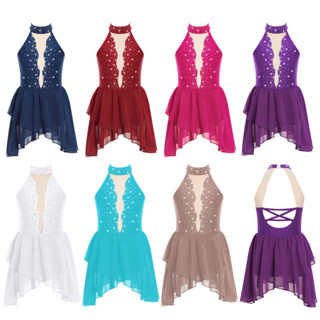 Yeahdor Crianças Meninas Strass Dança Lírica Traje Pura Malha Retalhos Sem Mangas Mock Pescoço Aberto Volta Irregular Ba em Oferta na Shopee