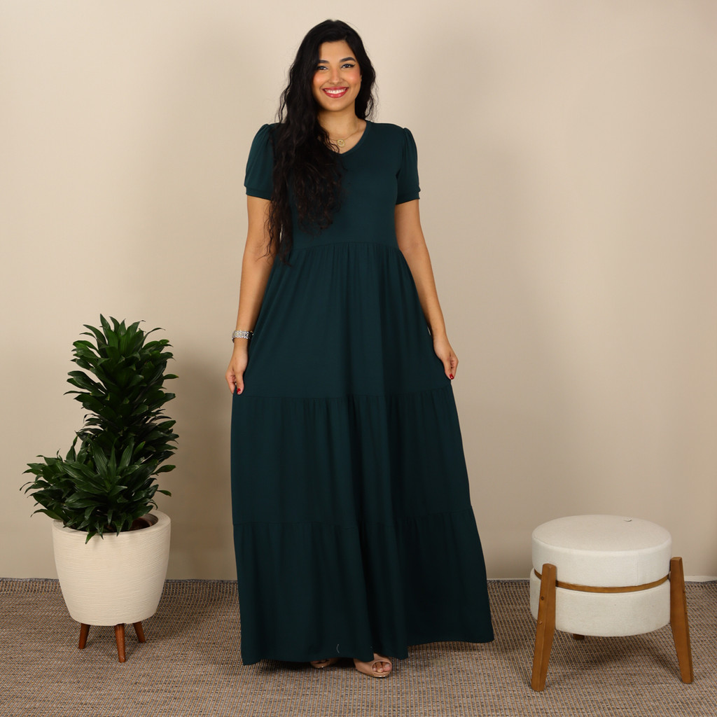 Vestido Plus Size Feminino Longo Casual Liso Com Manga da Moda