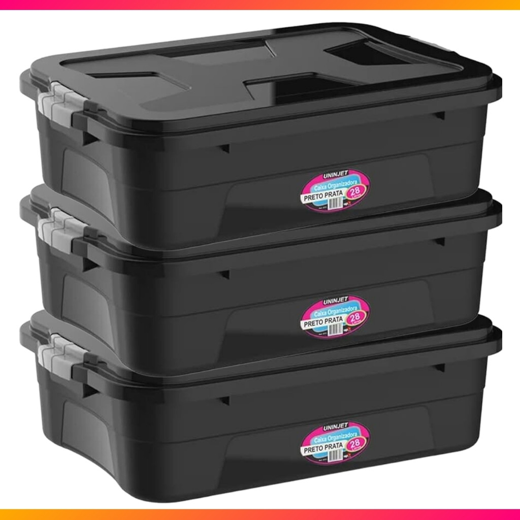 3 Caixas Com Tampa Para Organizar Objetos Tamanho Grande 28l Com Travas