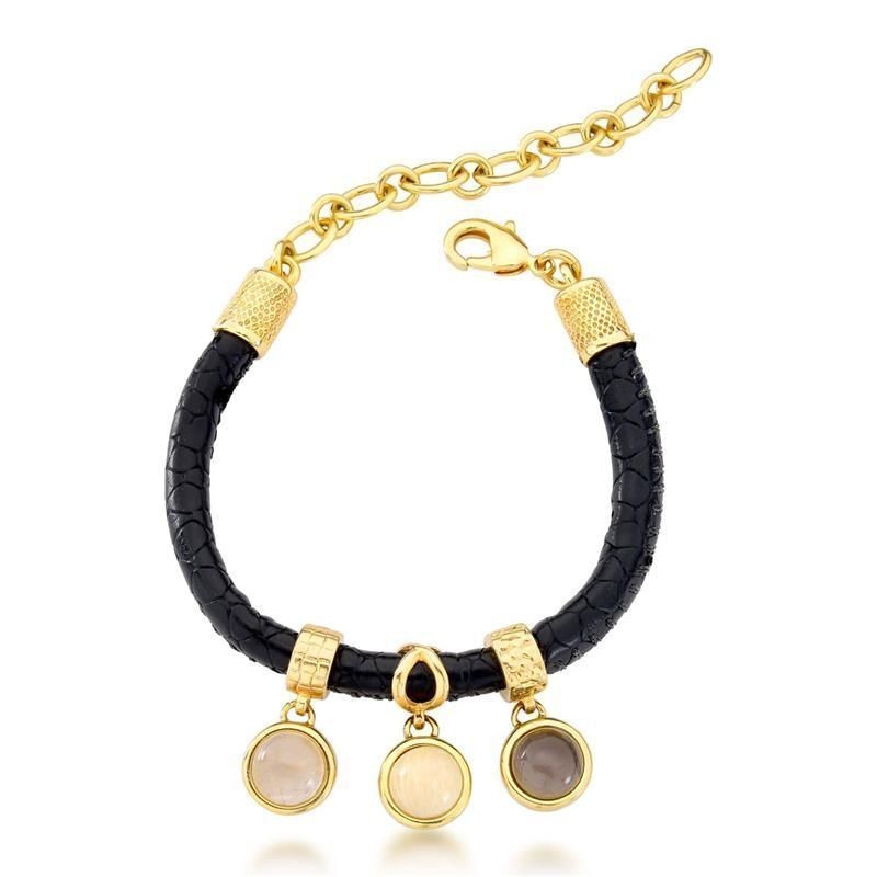 PULSEIRA COURO PRETO E PEDRAS NATURAIS