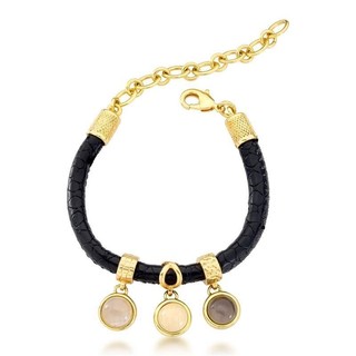 PULSEIRA COURO PRETO E PEDRAS NATURAIS