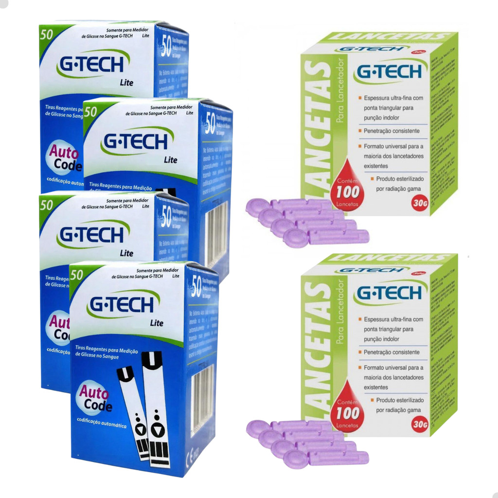 Kit Glicemia G-tech Lite 200 Tiras + 200 Lancetas