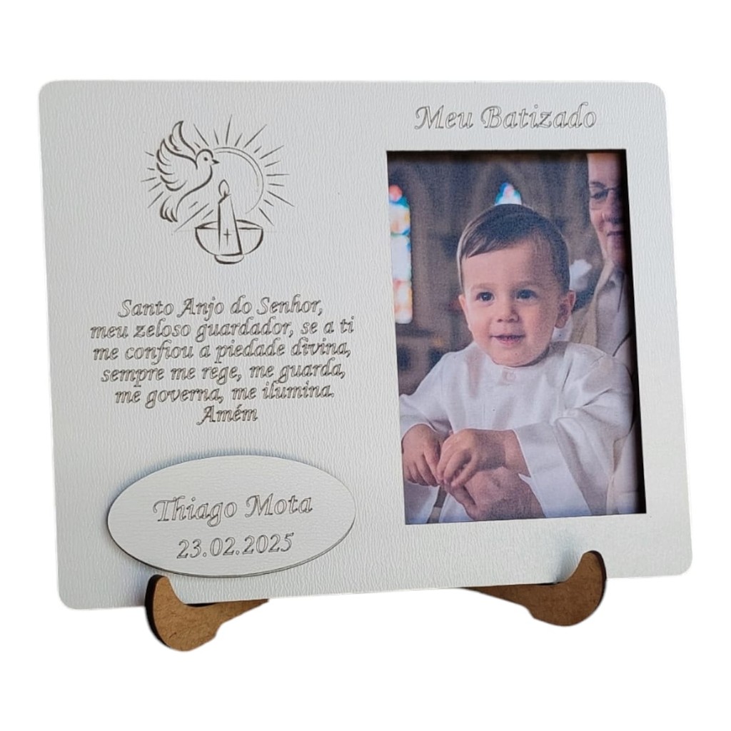 Kit 15 Mini Porta Retrato Batismo oração santo anjo em mdf branco com suporte