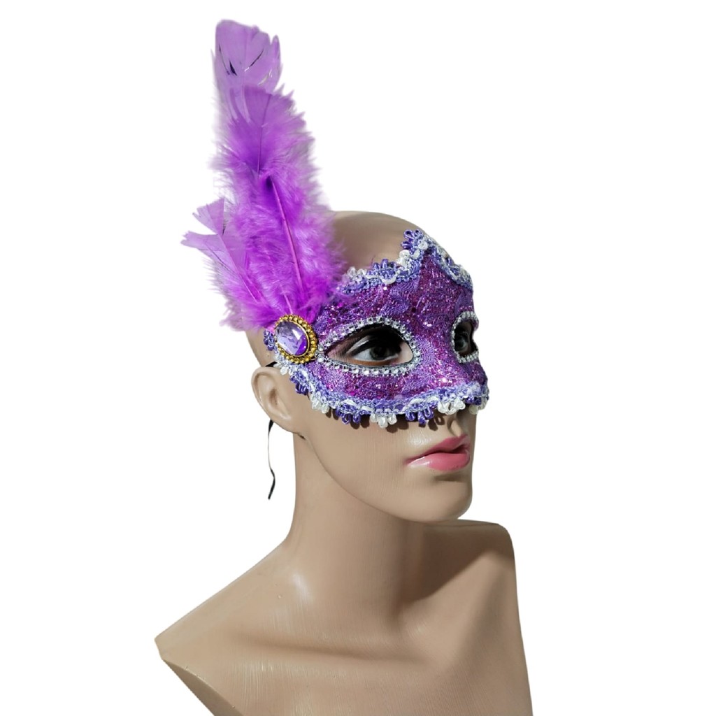 Máscara Veneziana Roxa com Pena Lateral para Fantasia de Carnaval Festa e Baile de Gala Swing