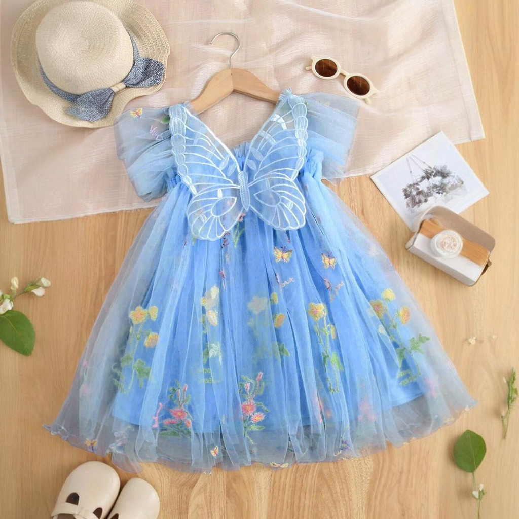 1-5 BabyGirl Verão Fio Leve Vestido Doce Bordado Flor Bonito Asas De Borboleta Festa De Aniversário Estilingue em Oferta na Shopee