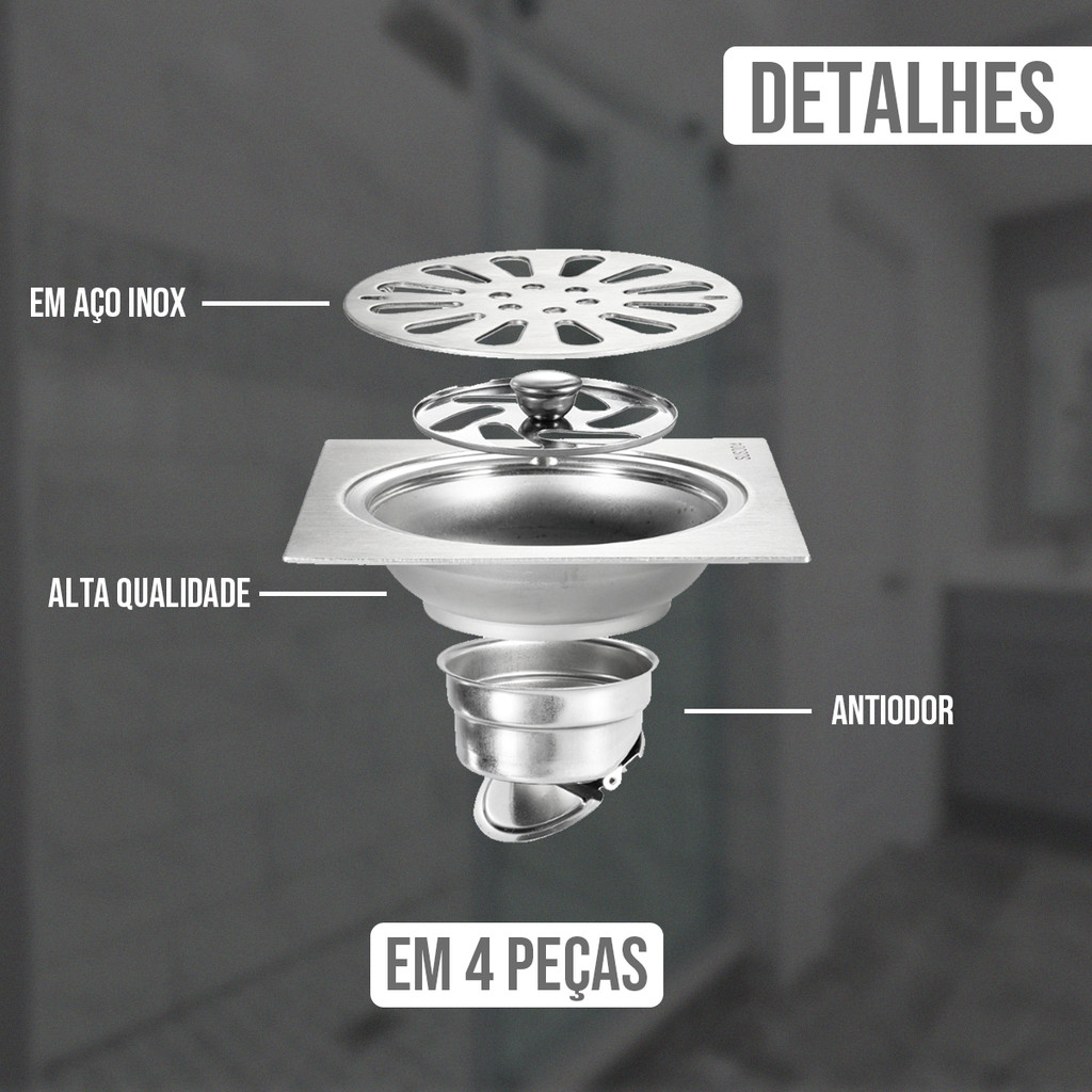 Ralo aço Inox anti odor grelha Quadrado 10x10cm linear dreno banheiro lavabo varanda oculto — imagem 2 de 2