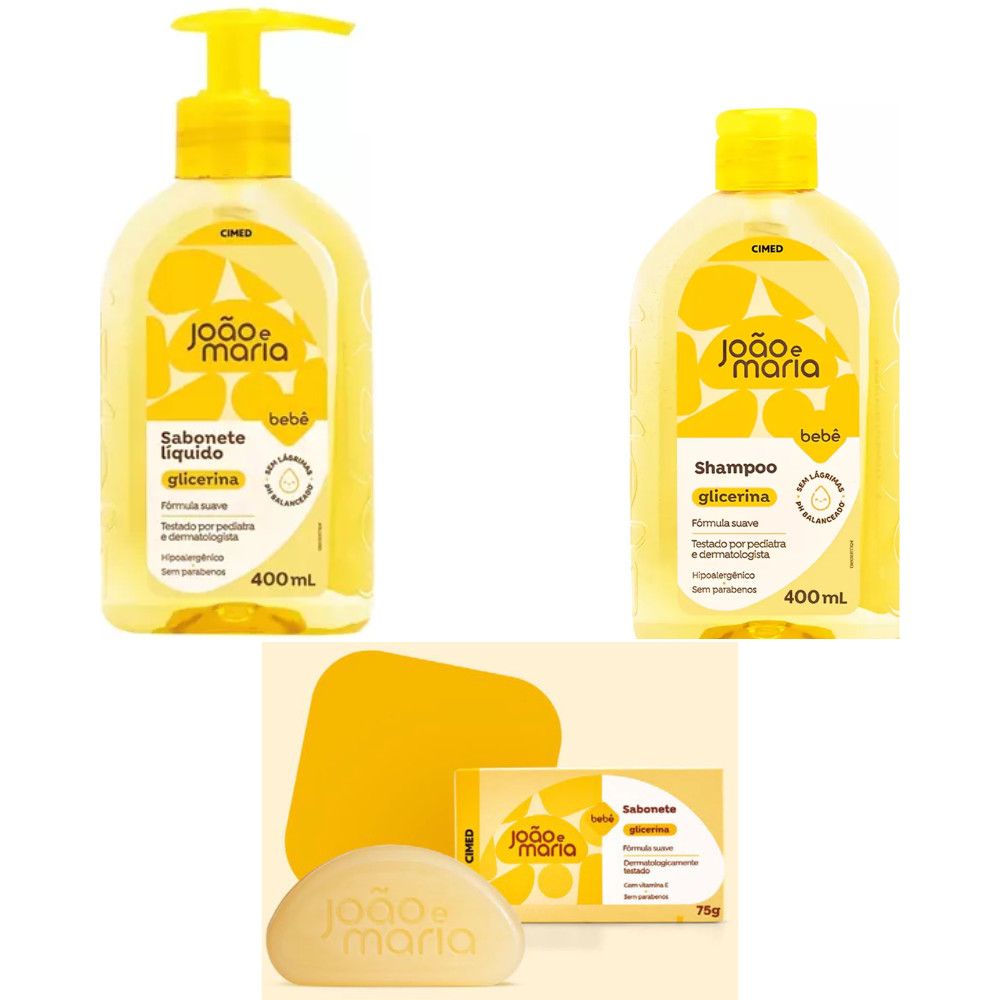 KIT C/ 3 ITENS JOÃO E MARIA SHAMPOO 400ML, SABONETE LIQUIDO 400ML, SABONETE EM BARRA 75G CIMED