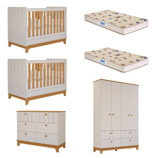 Quarto Bebê Gêmeos com 2 Berços Mini Cama Cômoda e Guarda Roupa Liza e 2 Colchões Gazin Permobili em Oferta na Shopee