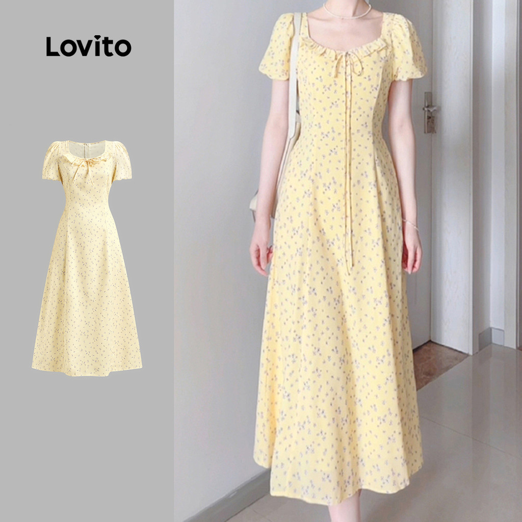 Lovito Vestido Casual Ditsy Floral Gravata Frontal Estrutura Linha Padrão Vestido Para Mulheres L121AD1167 - Women Clothes