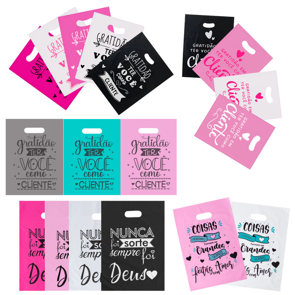 50 Sacola Boca de Palhaço Personalizada P, M e G Diversas Estampas Sacolinha Alça Vazada Frase Gratidão, Nunca foi Sorte em Oferta na Shopee