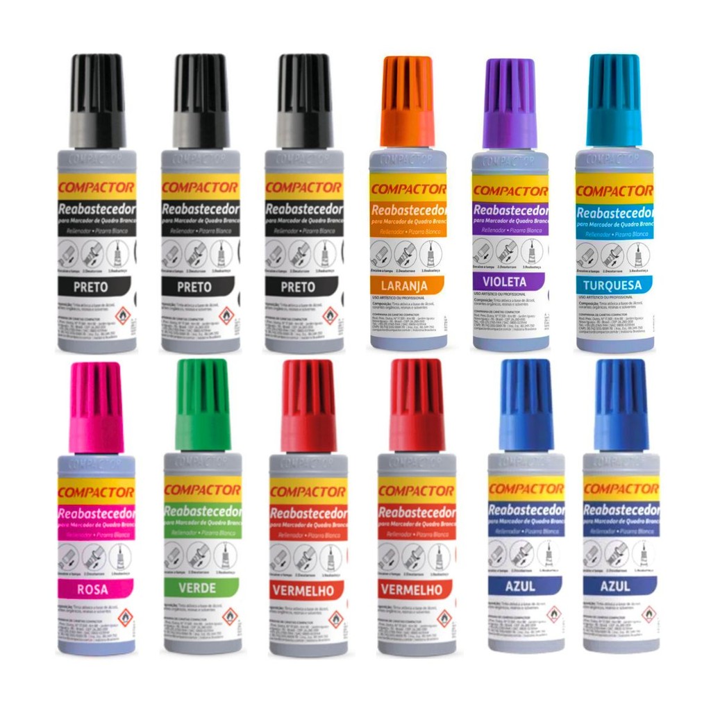 Kit 12 Tinta Marcador Para Quadro Branco Compactor 30ml em Oferta na Shopee