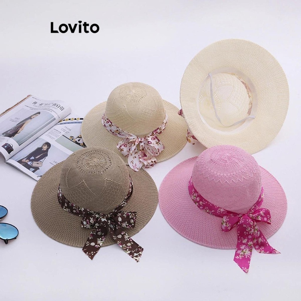 Lovito Chapéus femininos românticos com fita floral e laço nas costas LFA27149 - Fashion Accessories