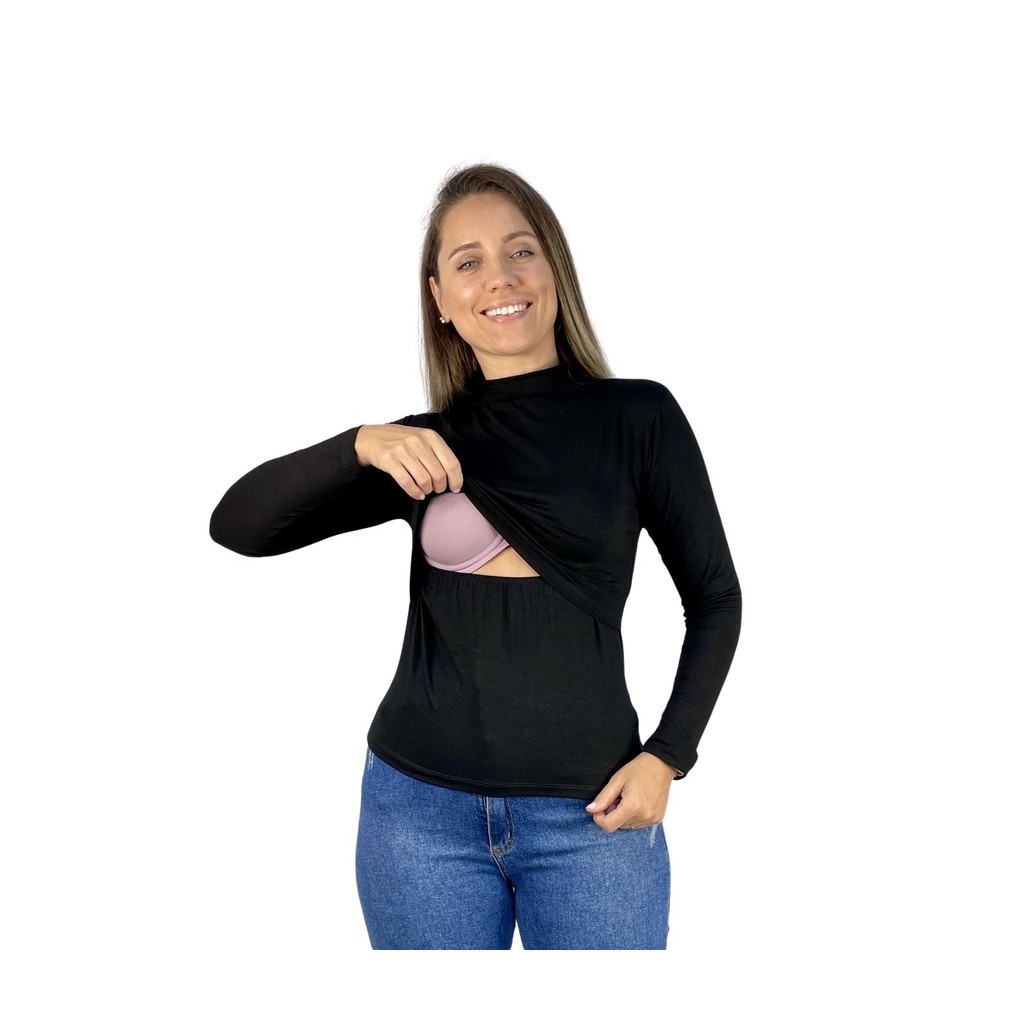Blusa Amamentação Slim Gola Alta Cores Premium Maternidade Gestante Grávida Amamentar Manga Longa em Oferta na Shopee