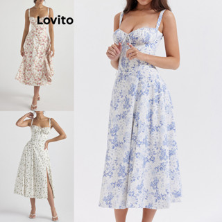 Lovito Vestido feminino casual floral dividido na coxa com cordões LNE51421