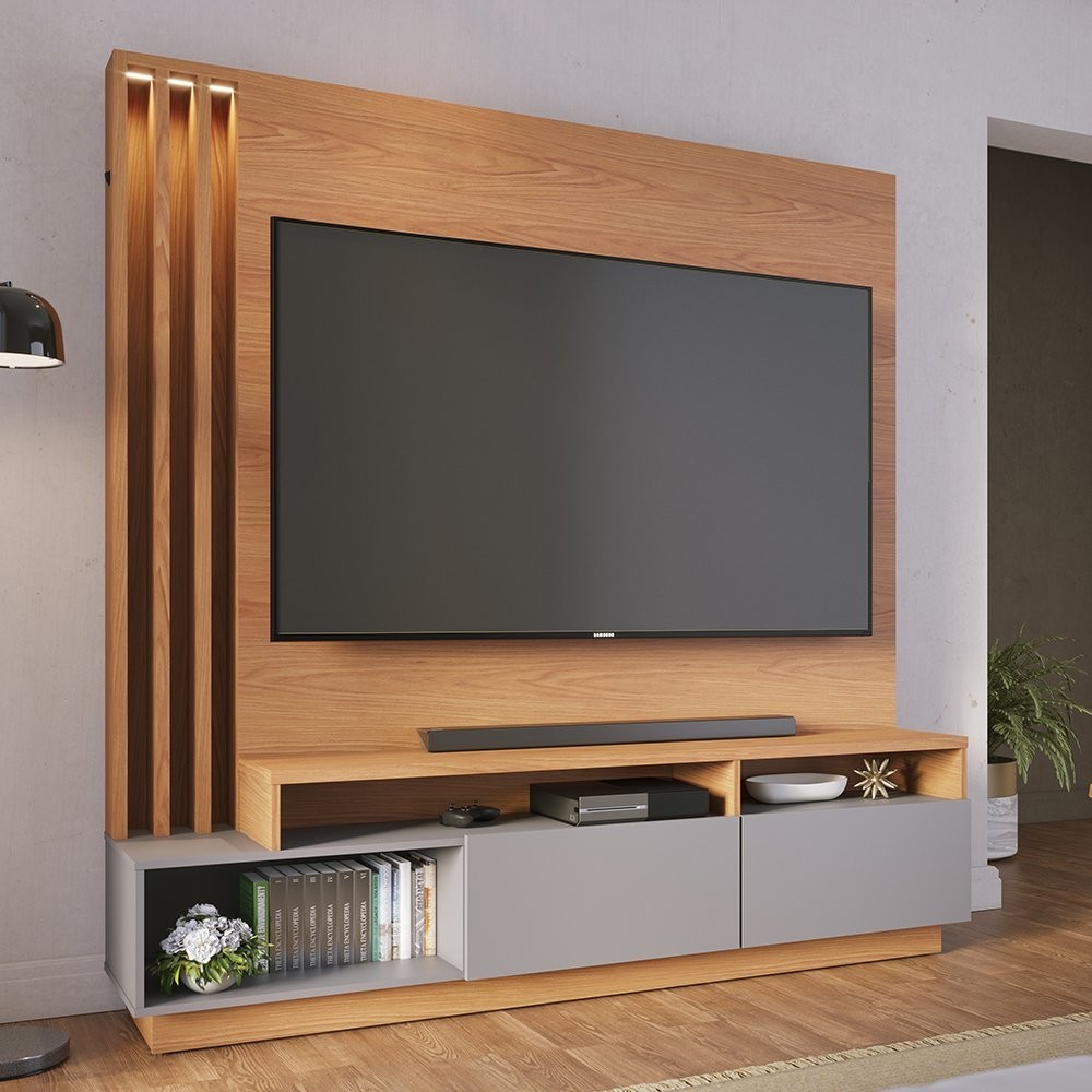 Estante Ripado Home Theater com Led Para TV até 65 Polegadas 2 Portas Humaitá Colibri Freijó/Cinza em Oferta na Shopee