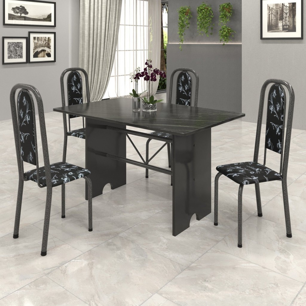 Conjunto de Mesa 120x75cm Tampo Ardósia com 4 Cadeiras Lavínea  Martelado Prata/Preto Floral em Oferta na Shopee