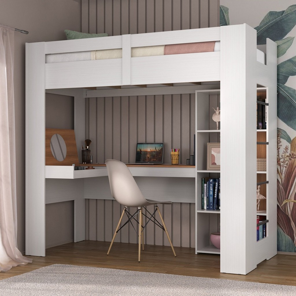 Cama Alta Multifuncional com Escrivaninha Penteadeira Branco/Nogal em Oferta na Shopee