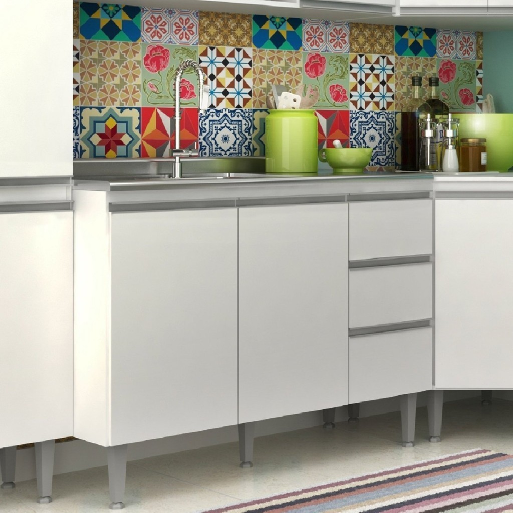 Balcão para Pia de Cozinha 3 Gavetas 2 Portas Athena  Branco - Home & Living