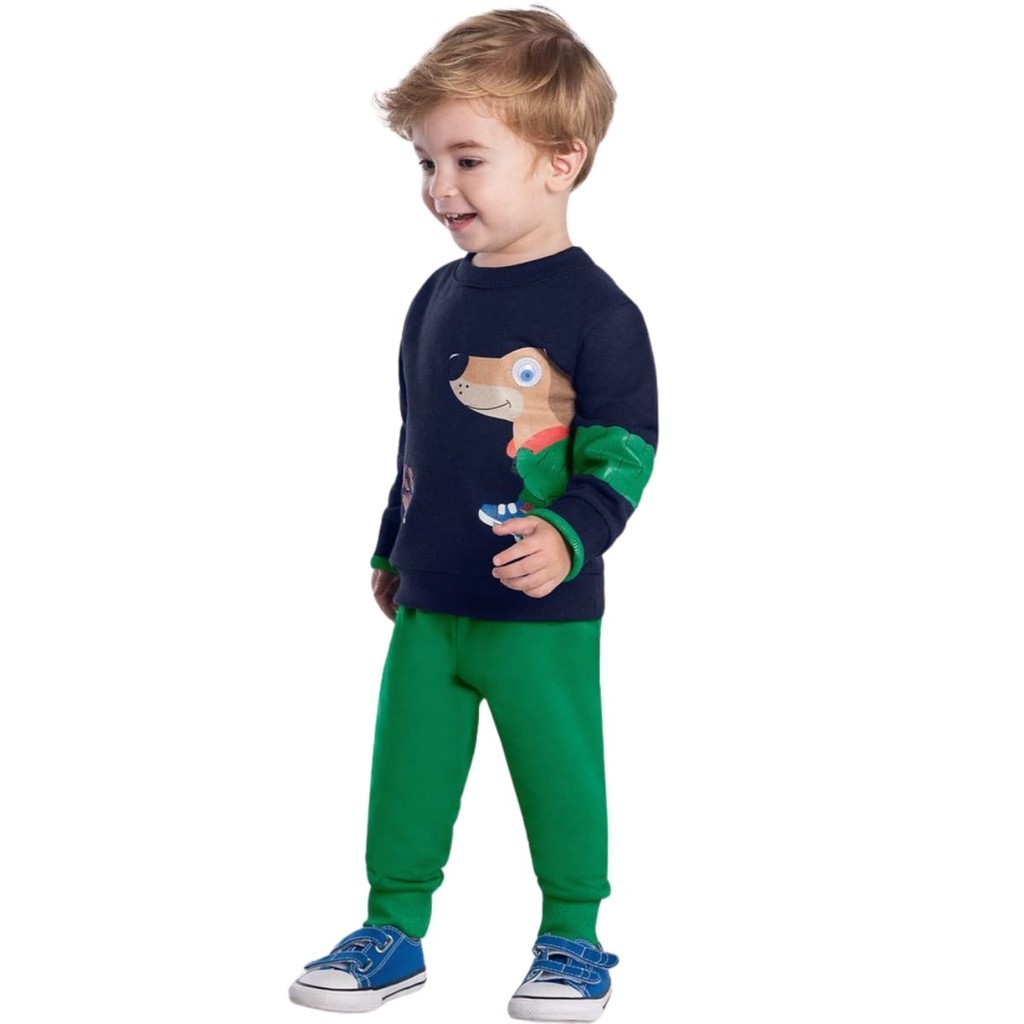 Conjunto Infantil Menino Casaco Peluciado e Calça Moletom- Cor Marinho/Verde - Kyly