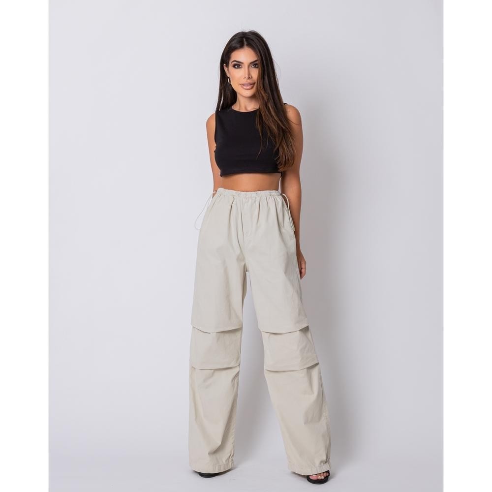 Calça Wide Leg Sarja Feminina Pantalona Parachute Cintura Média Sem Lycra 100% Algodão 22706