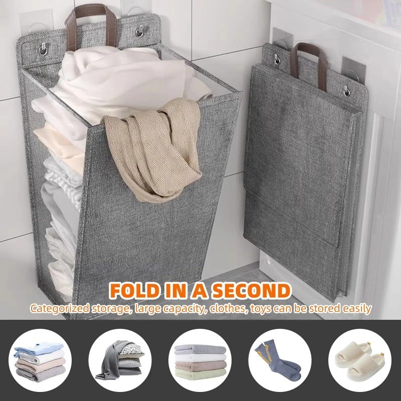 Cesto De Lavanderia Adesivo Dobrável Multifuncional Pendurado Na Parede Cestos De Malha em Oferta na Shopee