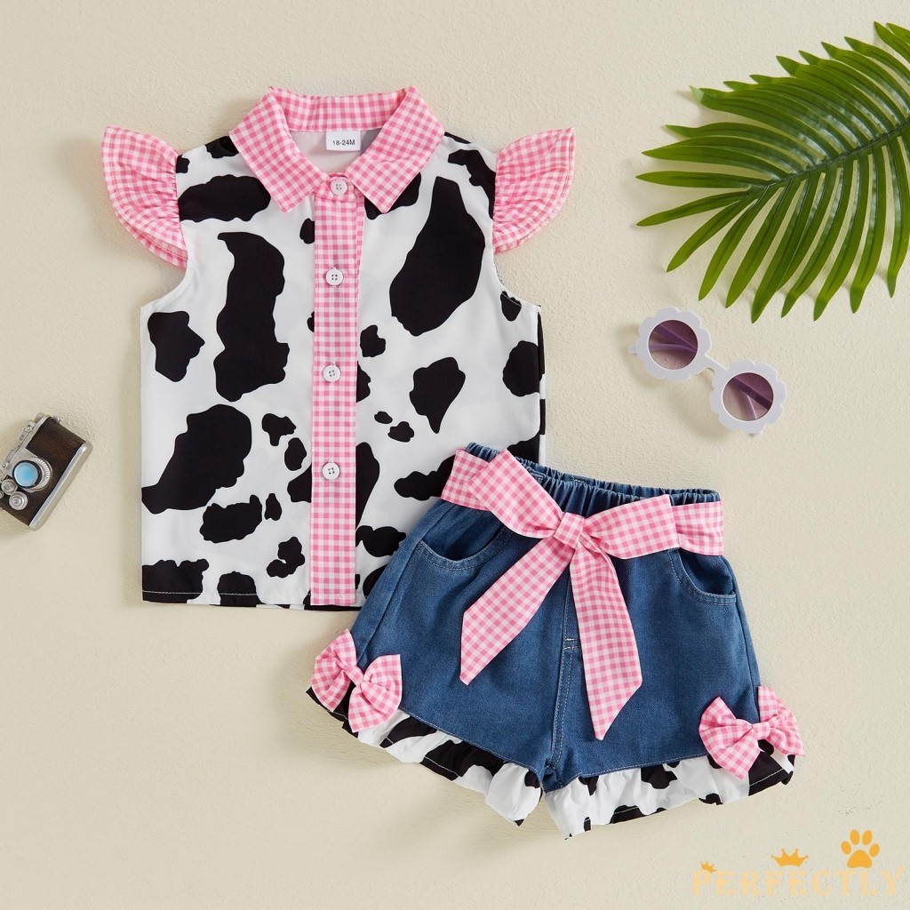 Kid Girl 2Pcs Set Outfits Fly Sleeve Cow Print Button Shirt + Calças De Ganga Roupas De Verão Para Crianças De Colo — imagem 2 de 2