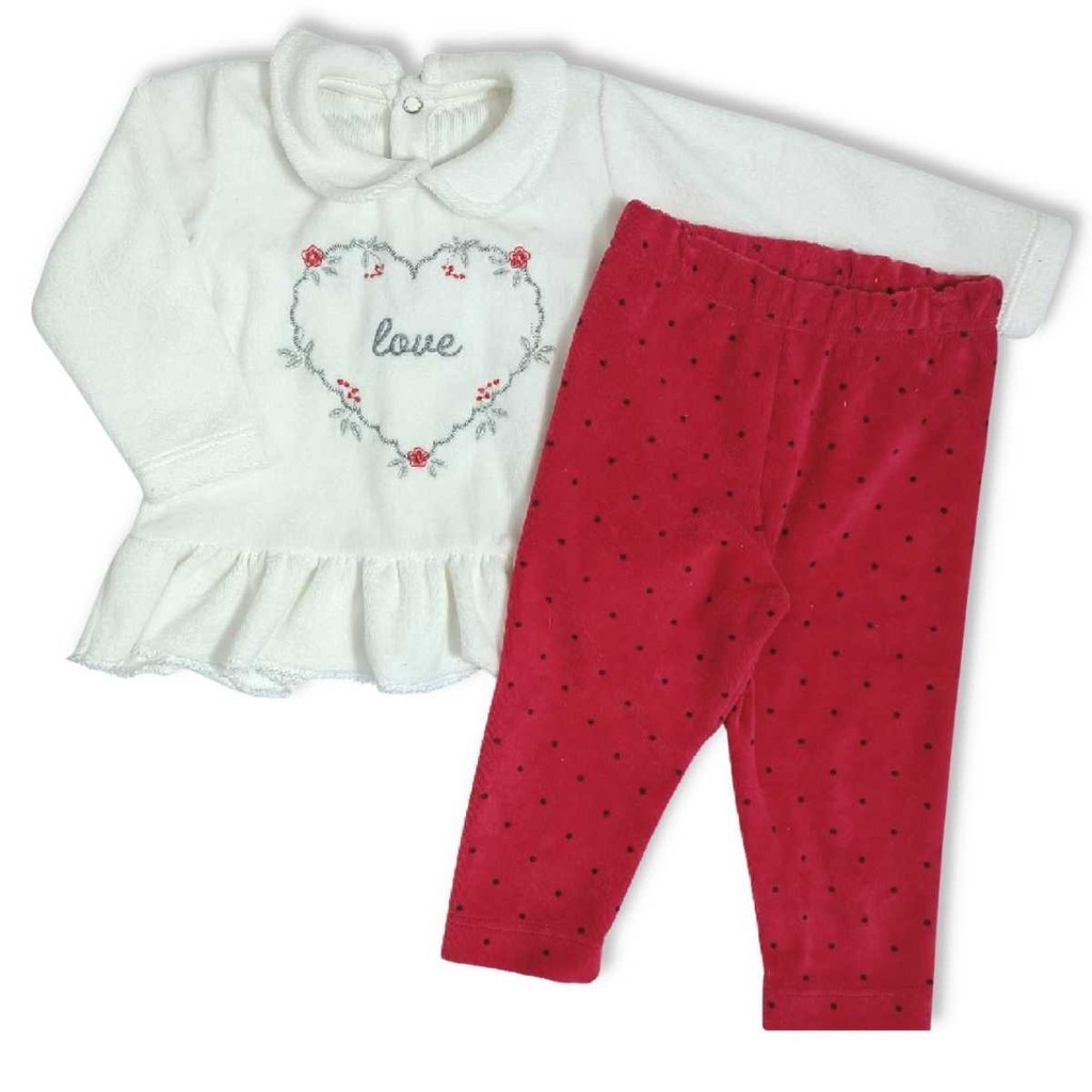 Conjunto longo bebê plush branco bordado coração e estampado poá conjunto inverno