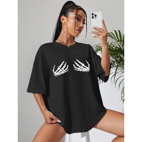 Camiseta Lançamento Feminina mão esqueleto style Estampada grafica T-Shirt Mulher Camisa Premium Novidade