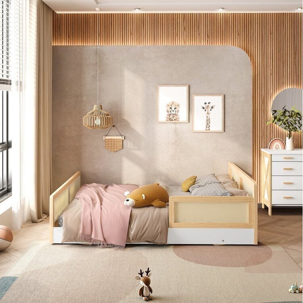 Cama Montessoriano Casal Lift em Madeira Maciça com Rattan 1 Grade Casatema - Home & Living