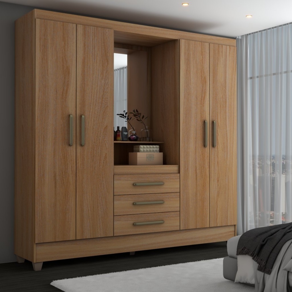 Guarda-Roupa Solteiro Capelinha 4 Portas 3 Gavetas com Espelho Freijó - Panorama Móveis em Oferta na Shopee