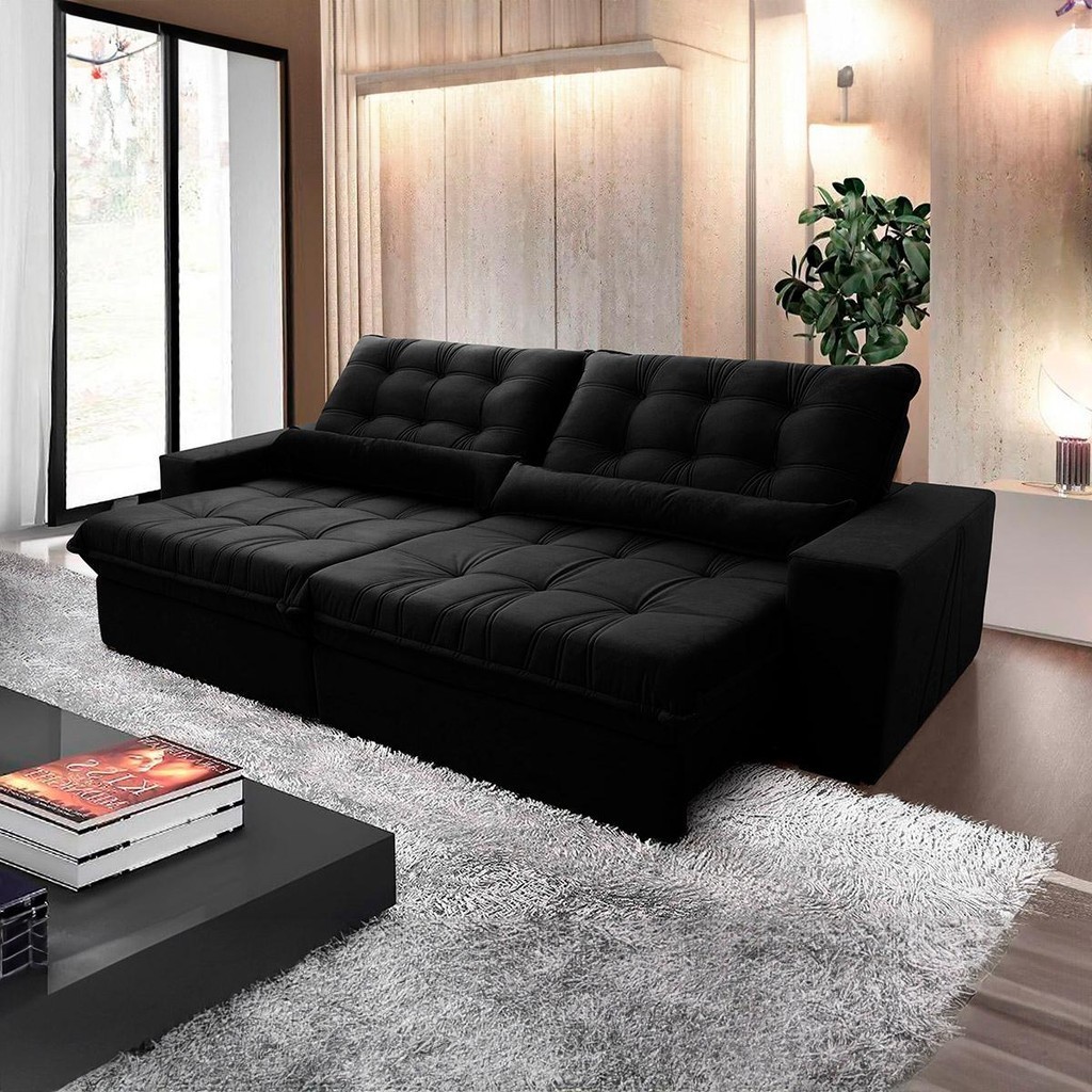 Sofá Retrátil Reclinável Zurique 2,30m Suede Velut Preto c/ Molas no Assento - King House - Home & Living