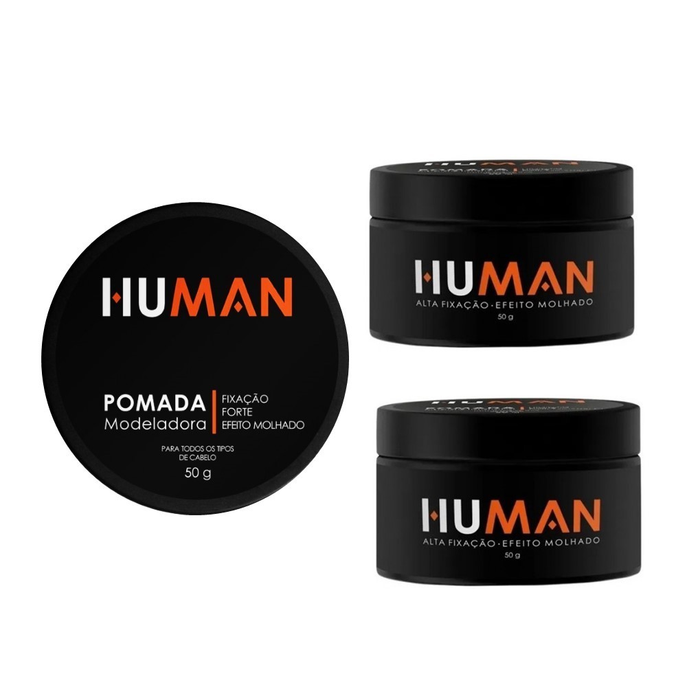 Kit 3 Pomada Modeladora Fixadora Cabelo Efeito Molhado Brilho Forte Human 50g