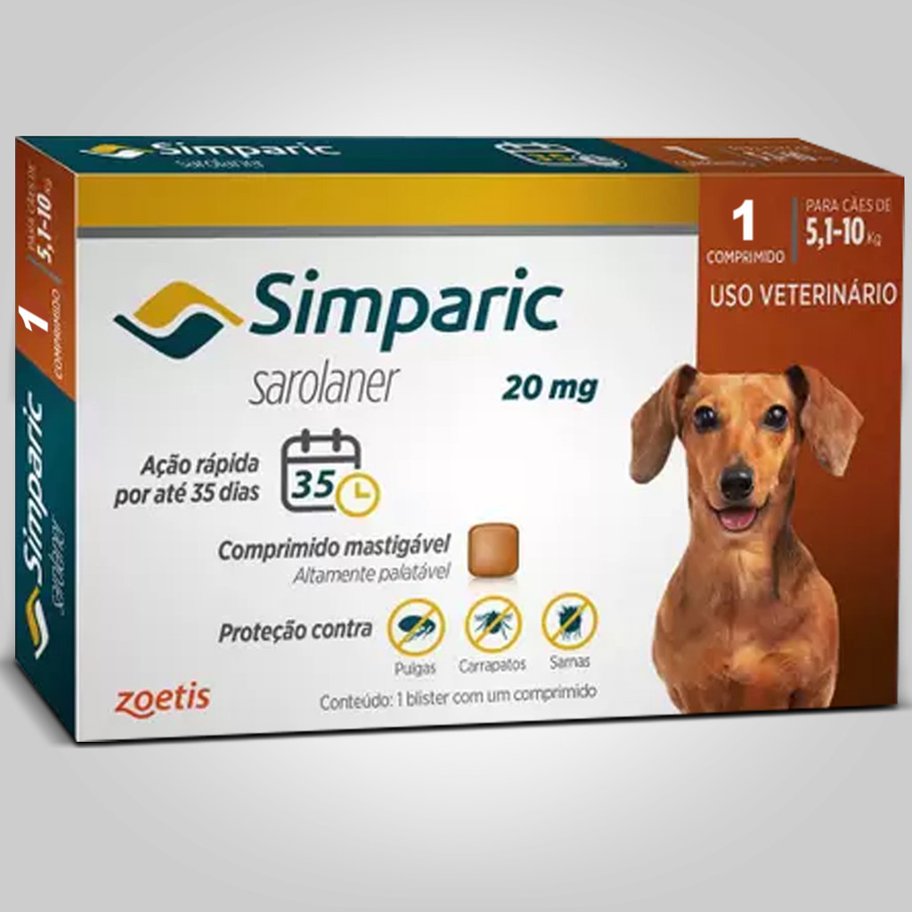 Antipulgas e Carrapatos Simparic 20mg para Cães 5 a 10kg - 1 Comprimido - Zoetis - Pets