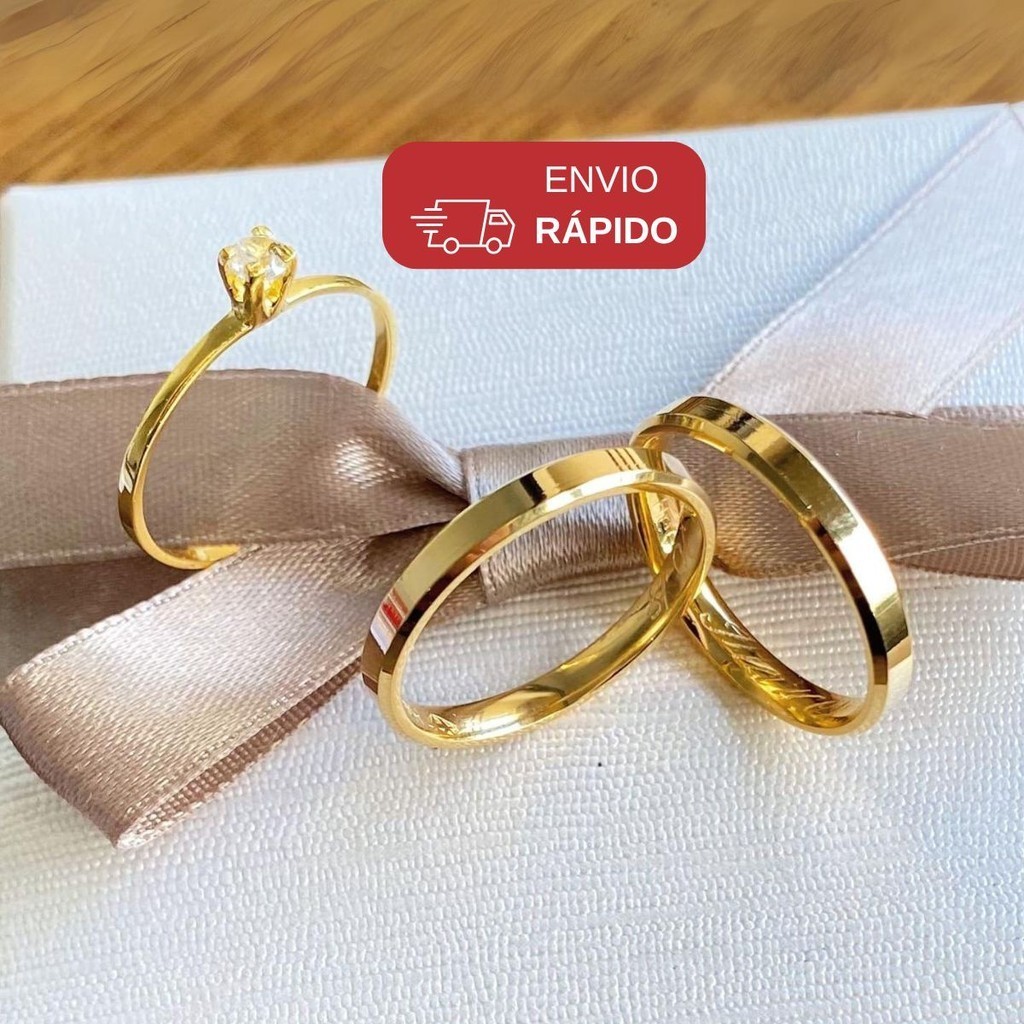 Aliança De Casamento Fina Dourada 3mm + Solitário Anel noivado Chanfrado P Namoro Bodas Cor Ouro 18k em Oferta na Shopee