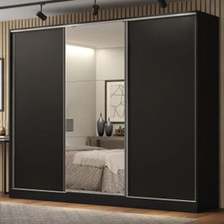 Guarda Roupa Casal 100% MDF 3 Portas de Correr com Espelho Preto Madesa Royale