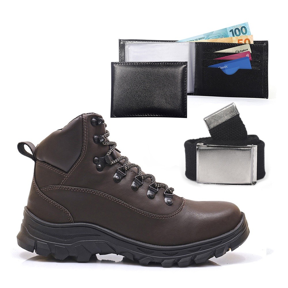 Bota Masculina Adventure Trilha Discovery Coturno Masculino Kit Com Carteira e Cinto