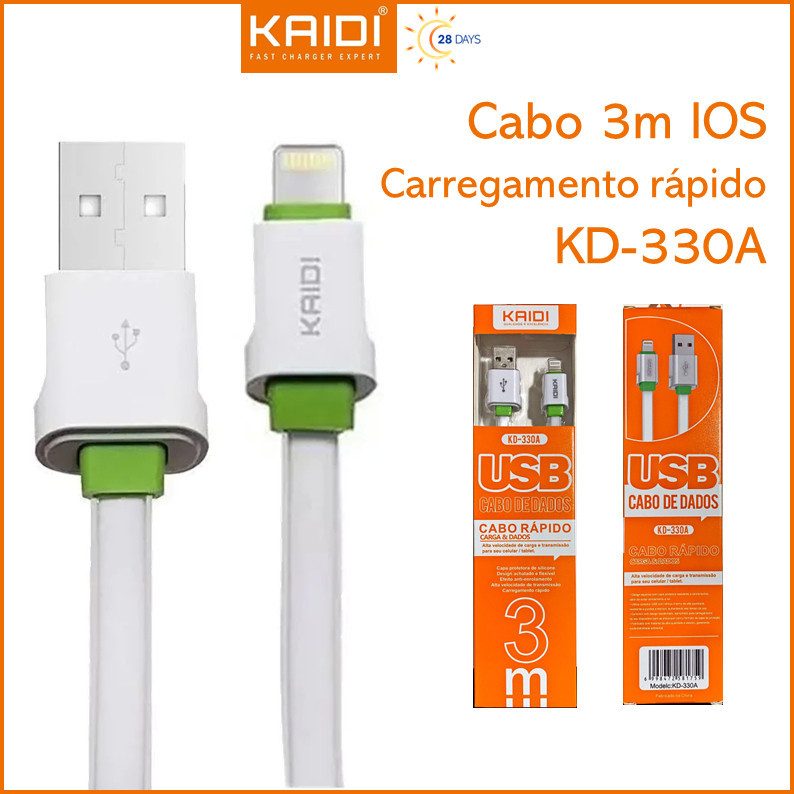 Cabo para Celular de Carga e Dados Cabo Rápido Carregador USB para Lightning 3m metros Kaidi Original KD-330A