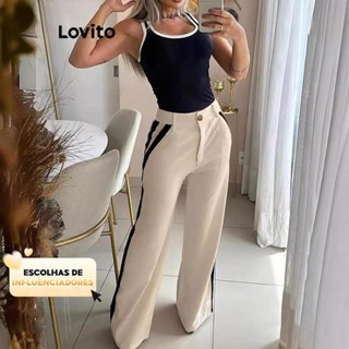 (KOL‘s pick) Lovito Conjuntos elegantes de calças com encadernação em contraste simples para mulheres LNL67157 em Oferta na Shopee