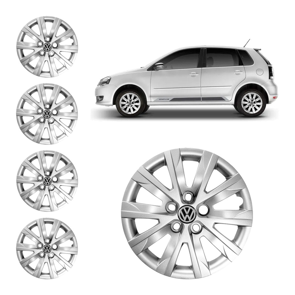 Jogo 4 Calota Vw Polo 2010 2011 2012 2013 ARO 14 Com 5 Furos + Emblema Vw Resinado Alto Colante