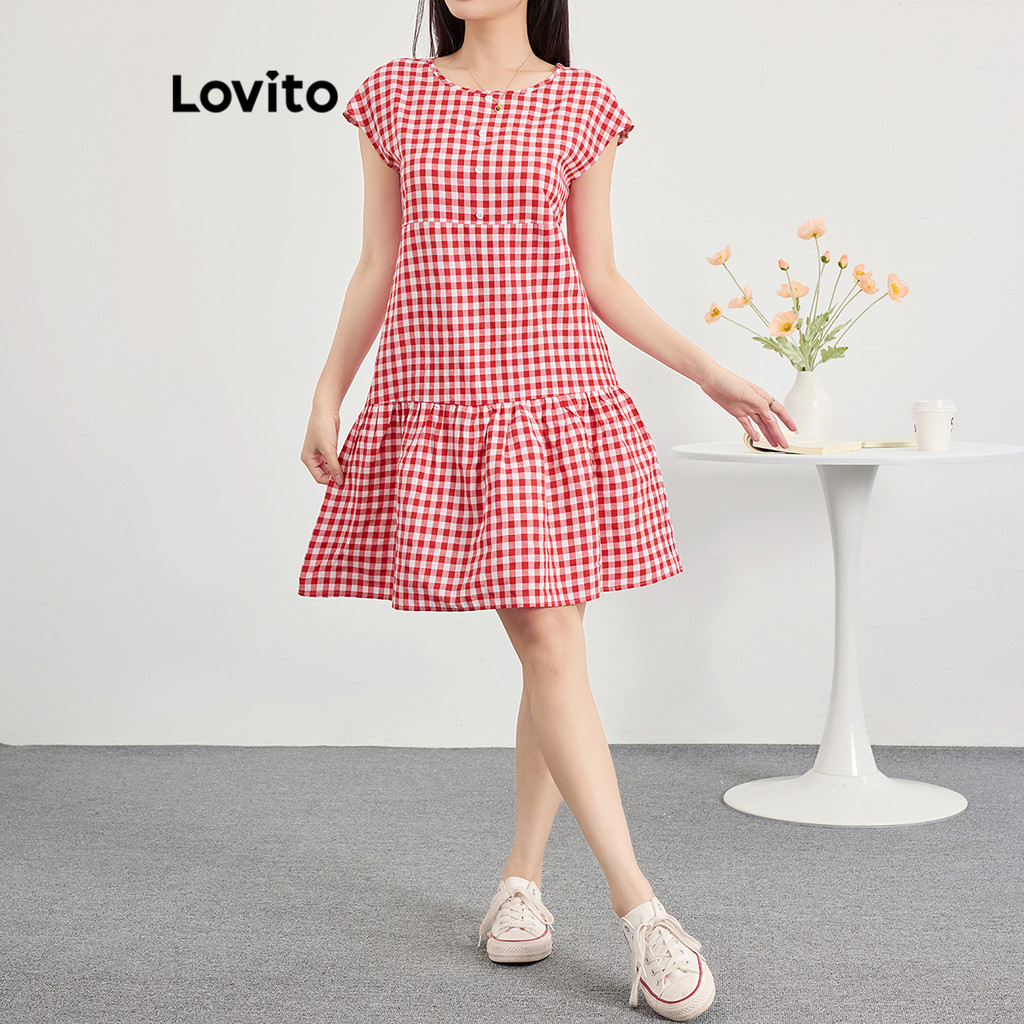 Lovito Vestido casual xadrez com botões e camadas para mulheres L120ED1379 - Women Clothes
