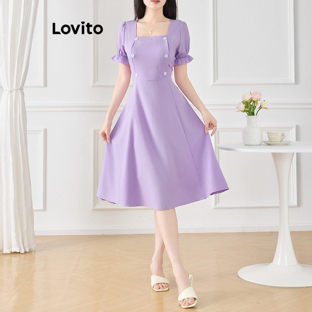 Lovito Vestido casual simples com zíper e botão duplo para mulheres L120ED1028 - Women Clothes