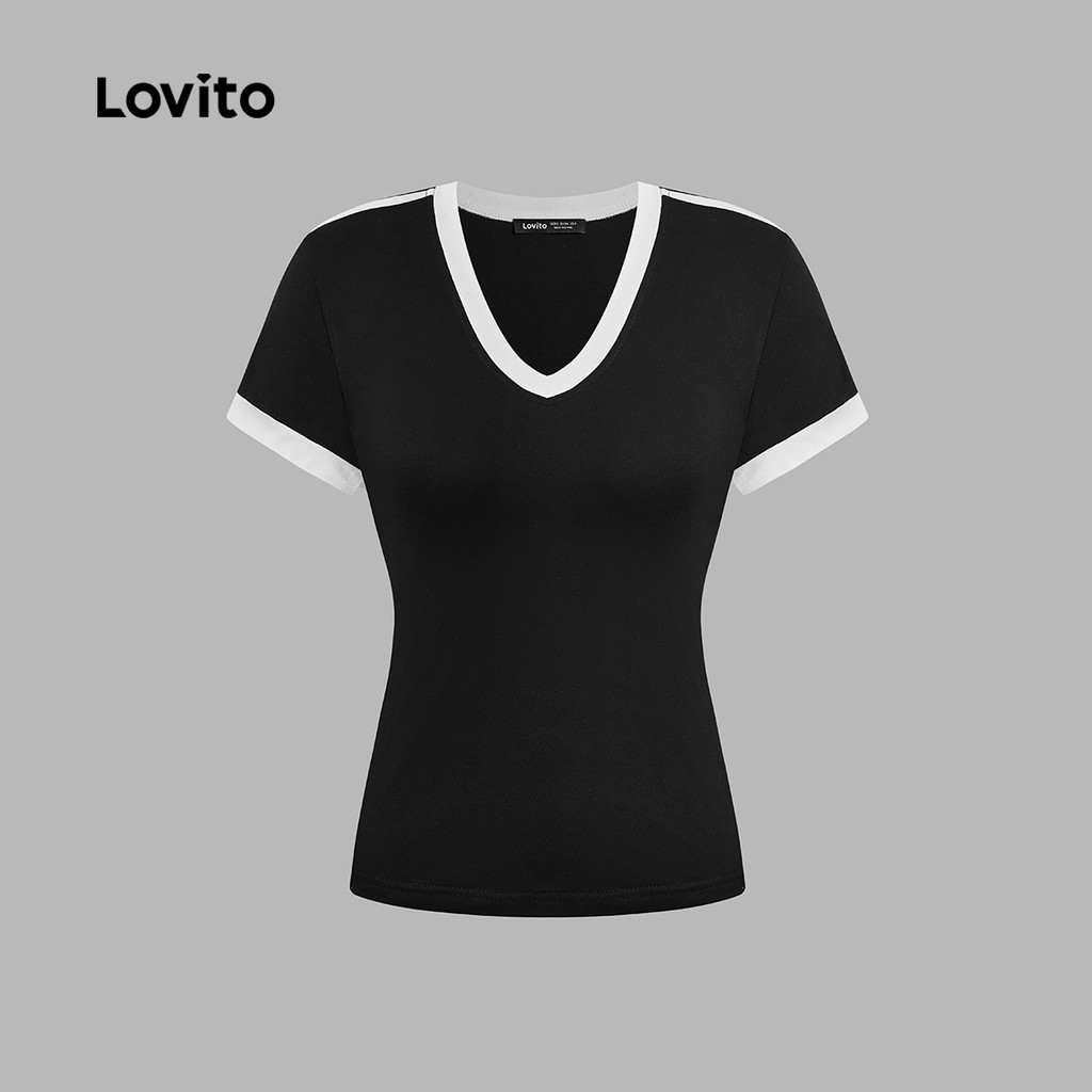 Detalhes do Lovito Camiseta Casual Lisa Com Blocos De Cores Verão/primavera Para Mulheres L123ED515