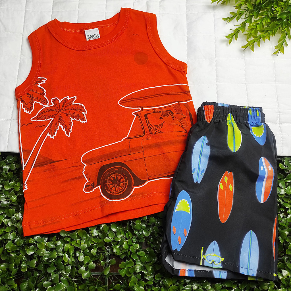 Conjunto Menino Camiseta Regata Laranja Estampa Tubarão c/ Bermuda Estampada - Boca Grande - Tamanho 01