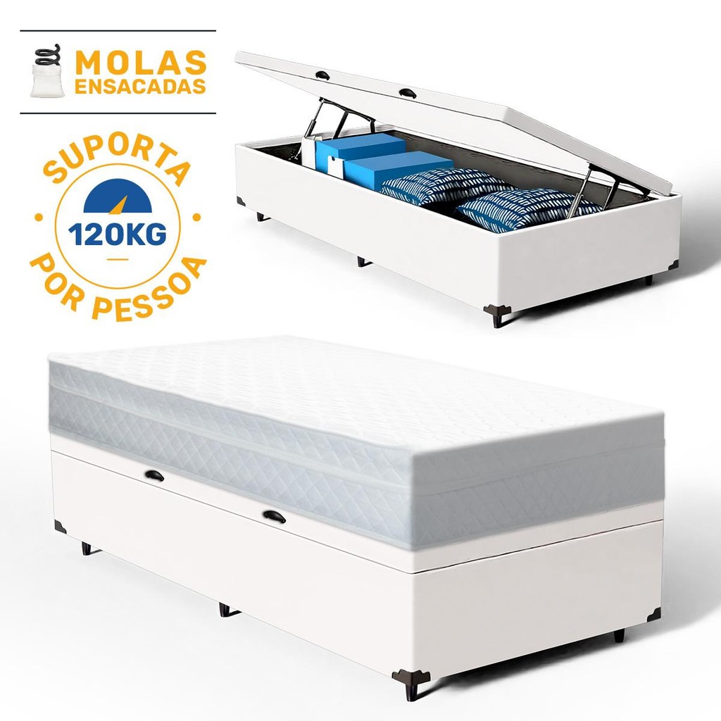 Cama Box Baú com Colchão de Molas Ensacadas Classic Maxx White Solteiro 88cm - Home & Living