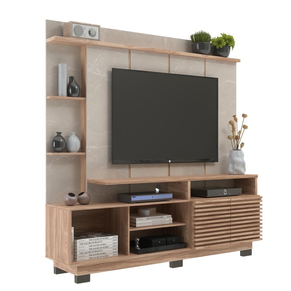 Rack com Painel para Sala TV até 60 Polegadas 2 Portas Ripadas Cor Marrom/Cinza - Decibal Móveis