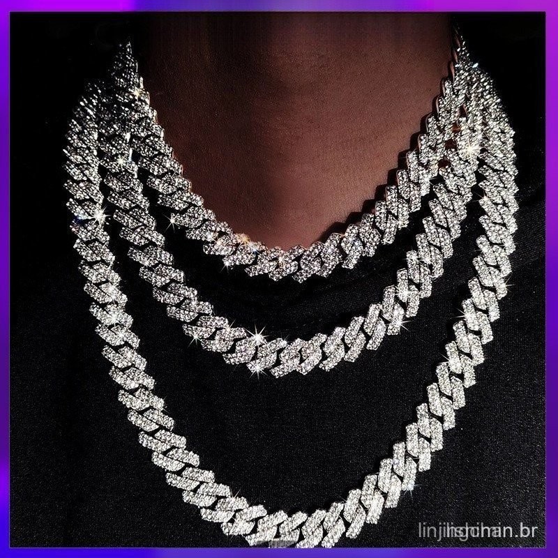 colar masculino Hip Hop 15MM ice cravejado Colar Diamante Cadeia Cubana Corrente masculina Rhinestone pulseira ma