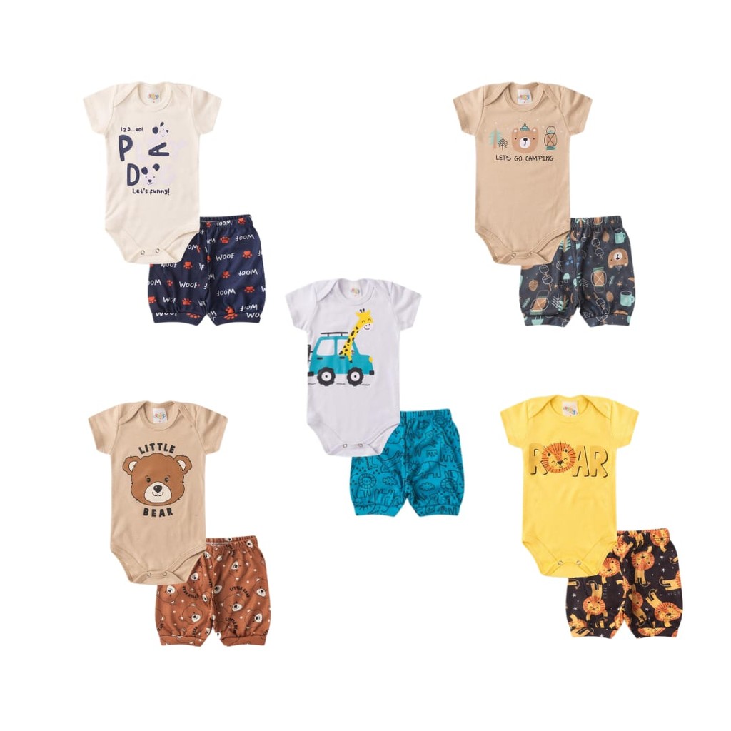 KIT 6 PÇS BODY BEBÊ MENINO MANGA CURTA+SHORTS BOMBACHA (3 BODY +3 SHORTS) DO P AO GG ESTAM...